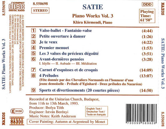 Erik Satie -  Klára Körmendi : Piano Works Vol. 3 (CD, Album)
