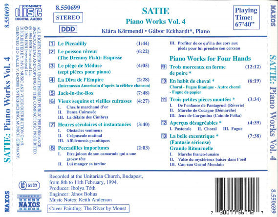 Erik Satie / Klára Körmendi / Gábor Eckhardt : Piano Works Vol. 4 (CD, Album)
