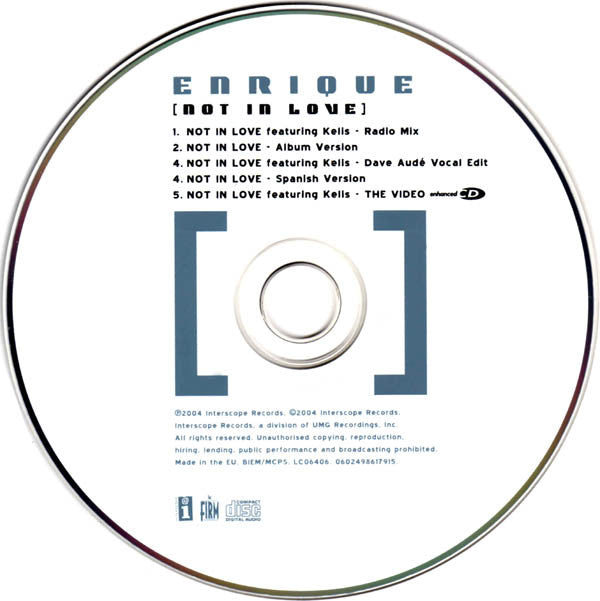 Enrique Iglesias Featuring Kelis : Not In Love (CD, Maxi, Enh)