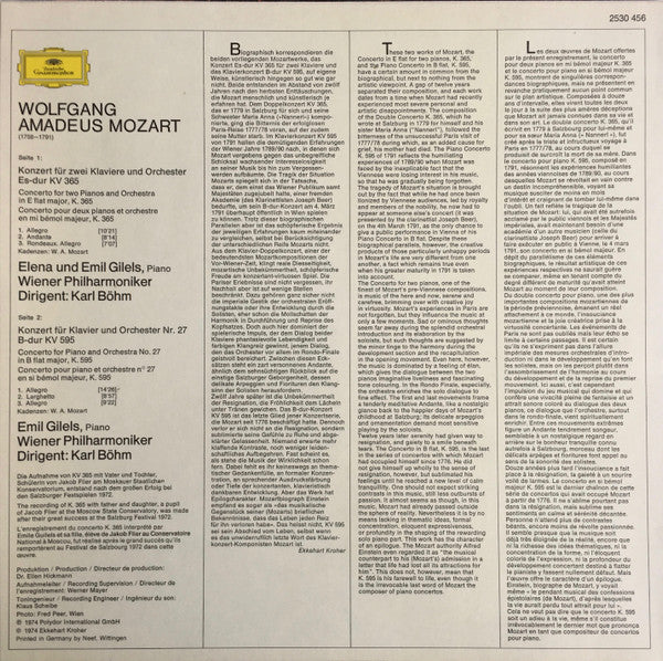 Wolfgang Amadeus Mozart - Emil Gilels, Elena Gilels, Karl Böhm, Wiener Philharmoniker : Klavierkonzert B-dur = Piano Concerto In B Flat Major KV 595 / Konzert Für Zwei Klaviere Es-dur = Concerto For Two Pianos In E Flat Major KV 365 (LP, Album)