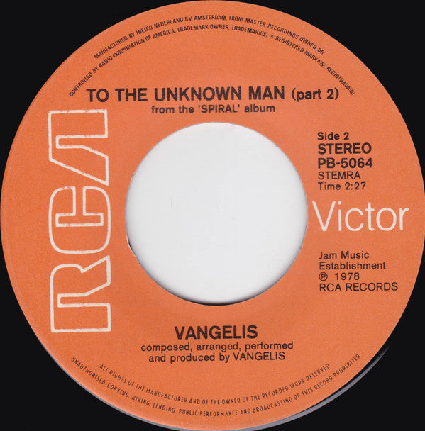 Vangelis : To The Unknown Man (7", Single)