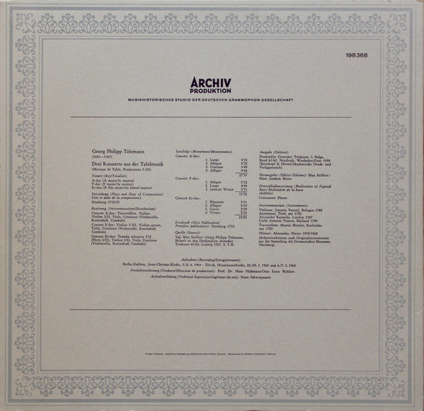 Georg Philipp Telemann : Drei Konzerte Aus Der Tafelmusik (LP)