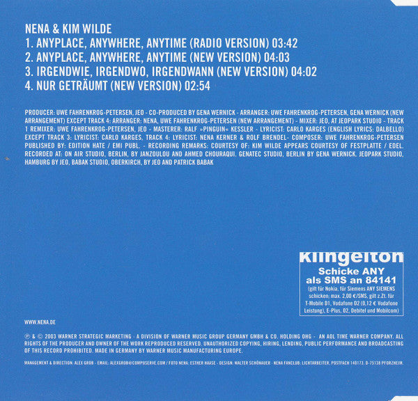 Nena (20) & Kim Wilde : Anyplace, Anywhere, Anytime (CD, Maxi)