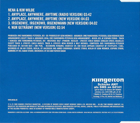 Nena (20) & Kim Wilde : Anyplace, Anywhere, Anytime (CD, Maxi)