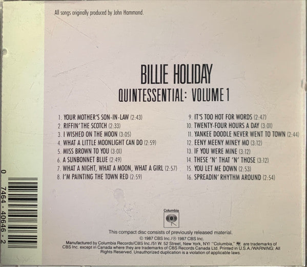 Billie Holiday : The Quintessential Billie Holiday Volume 1, 1933-1935 (CD, Comp, RE, RM)