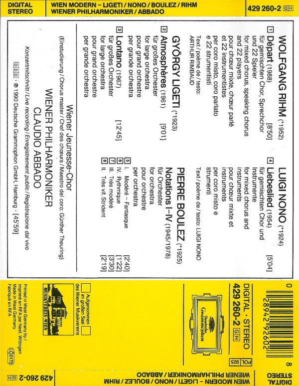 György Ligeti ; Luigi Nono, Pierre Boulez, Wolfgang Rihm - Wiener Jeunesse-Chor · Wiener Philharmoniker · Claudio Abbado : Wien Modern (CD)