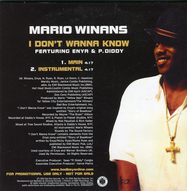 Mario Winans Featuring Enya & P. Diddy : I Don't Wanna Know (CD, Single, Promo)
