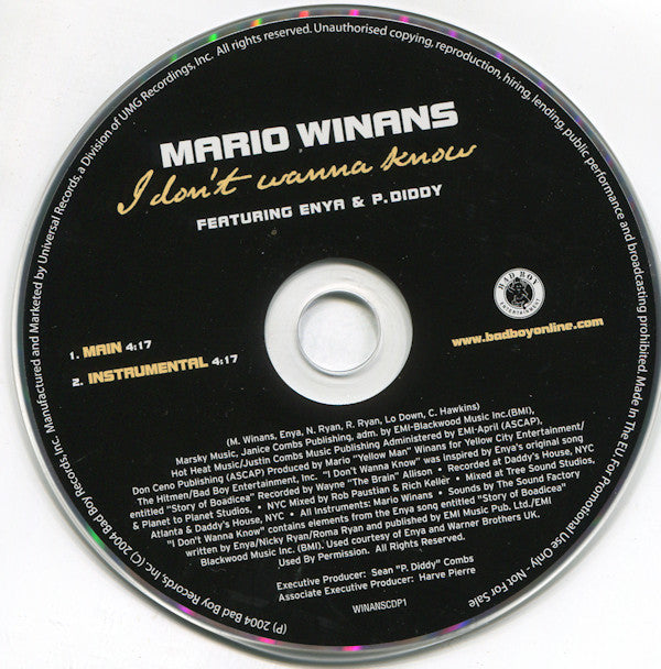 Mario Winans Featuring Enya & P. Diddy : I Don't Wanna Know (CD, Single, Promo)