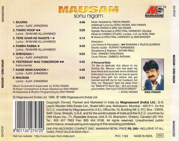 Sonu Nigam : Mausam (CD, Album)