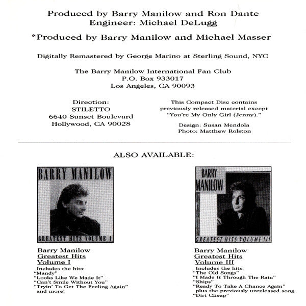 Barry Manilow : Greatest Hits Volume II (CD, Comp, RM)