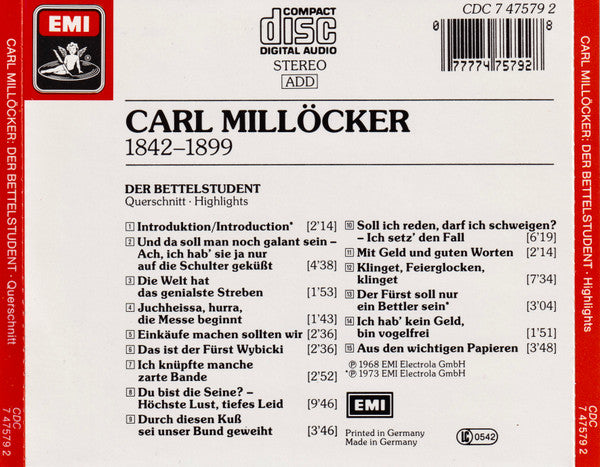 Carl Millöcker, Rita Streich, Nicolai Gedda, Renate Holm, Gisela Litz, Gerhard Unger, Hermann Prey, Symphonie-Orchester Graunke, Franz Allers : Der Bettelstudent. Highlights (CD, Comp)