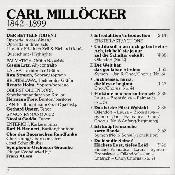 Carl Millöcker, Rita Streich, Nicolai Gedda, Renate Holm, Gisela Litz, Gerhard Unger, Hermann Prey, Symphonie-Orchester Graunke, Franz Allers : Der Bettelstudent. Highlights (CD, Comp)