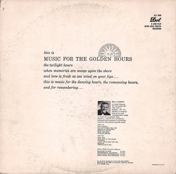 Billy Vaughn And His Orchestra : Music For The Golden Hours (LP, Album, Mono)