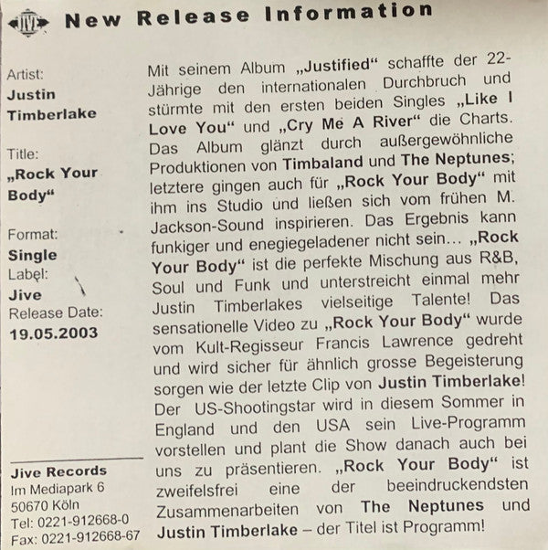 Justin Timberlake : Rock Your Body (CD, Maxi, Promo)