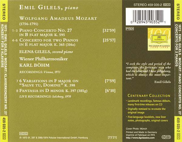 Wolfgang Amadeus Mozart, Emil Gilels, Elena Gilels, Wiener Philharmoniker, Karl Böhm : Piano Concerto No. 27 / Concerto For 2 Pianos (CD, Comp, RM)