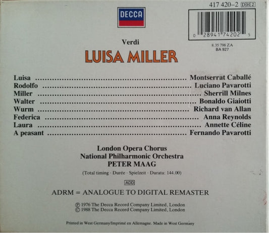 Giuseppe Verdi - Luciano Pavarotti · Montserrat Caballé · Sherrill Milnes · Bonaldo Giaiotti · Anna Reynolds · Richard Van Allan · Peter Maag, National Philharmonic Orchestra : Luisa Miller (2xCD, Album, RE, RM + Box, Sli)