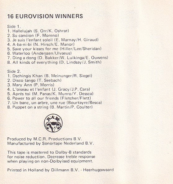 Unknown Artist : 16 Eurovision Winners (Cass, Comp)