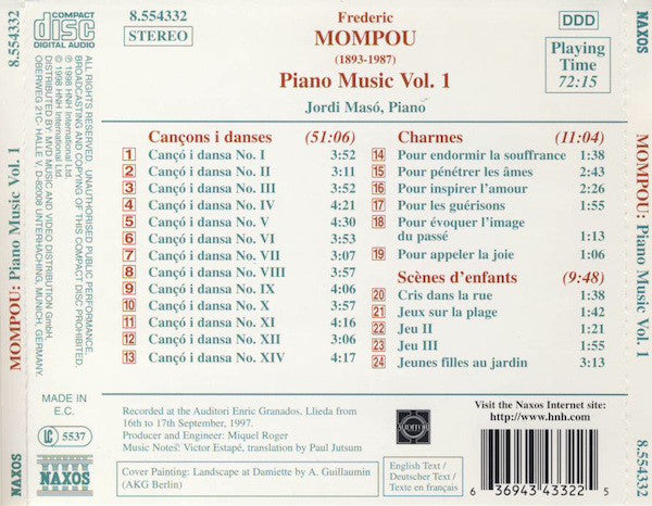 Frederic Mompou, Jordi Masó : Piano Music Volume 1 (CD, Album)