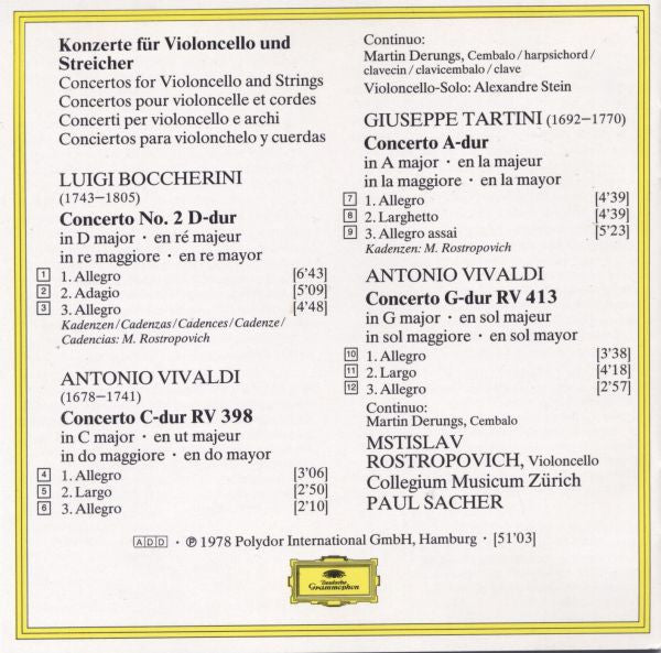 Antonio Vivaldi • Giuseppe Tartini • Luigi Boccherini, Mstislav Rostropovich, Collegium Musicum Zürich, Paul Sacher : Cellokonzerte • Cello Concertos (CD, RE, RM)
