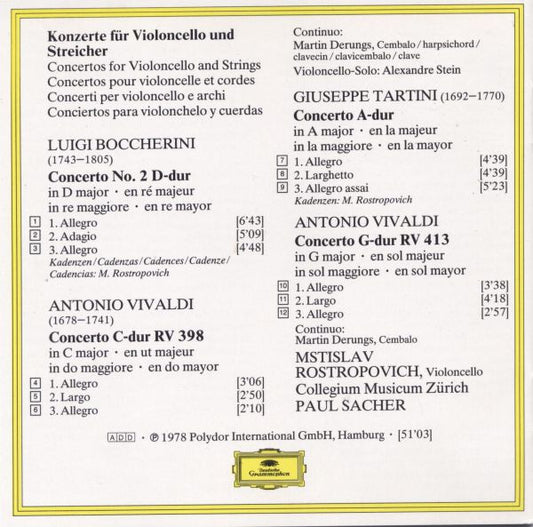 Antonio Vivaldi • Giuseppe Tartini • Luigi Boccherini, Mstislav Rostropovich, Collegium Musicum Zürich, Paul Sacher : Cellokonzerte • Cello Concertos (CD, RE, RM)