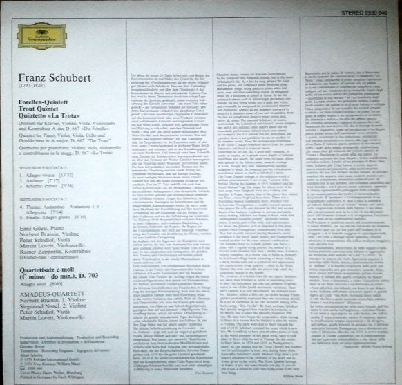 Franz Schubert – Emil Gilels • Amadeus-Quartett • Rainer Zepperitz : Forellenquintett = Trout Quintet = Quintetto »La Trota« (LP)