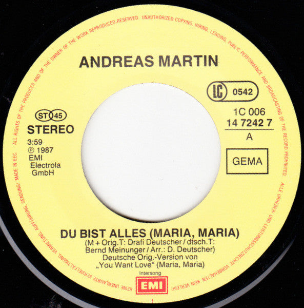 Andreas Martin (2) : Du Bist Alles (Maria, Maria) (7", Single)