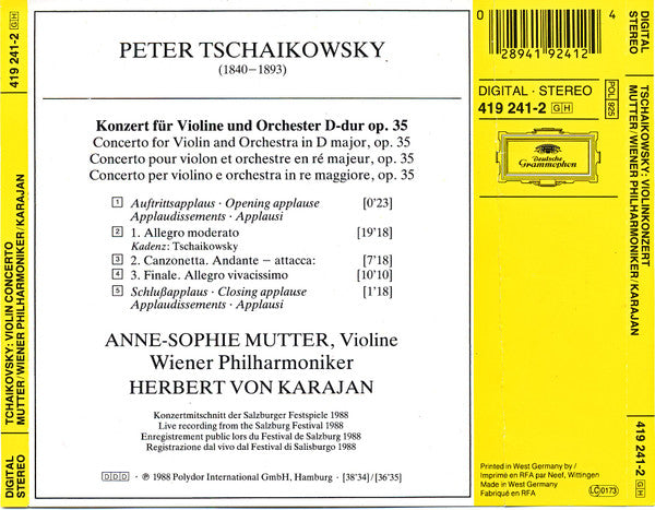 Pyotr Ilyich Tchaikovsky - Anne-Sophie Mutter, Wiener Philharmoniker • Herbert von Karajan : Violinkonzert (CD, RE)