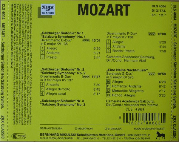 Wolfgang Amadeus Mozart / Camerata Academica Salzburg Dir./Cond.: Hermann Abel, Alexander von Pitamic : Salzburger Sinfonien · Salzburg Symphonies No. 1-3 KV 136-138 - Eine Kleine Nachtmusik KV 525 (CD, Album)