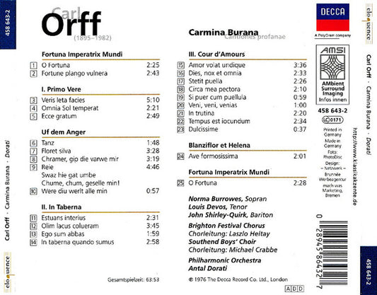 Carl Orff, Norma Burrowes, Louis Devos, John Shirley-Quirk, Brighton Festival Chorus, Royal Philharmonic Orchestra, Antal Dorati : Carmina Burana (CD, Album, RP)