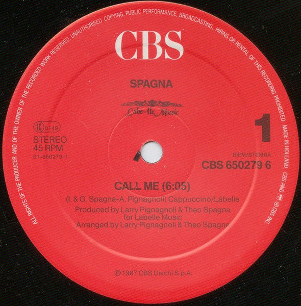 Ivana Spagna : Call Me (12", Maxi)