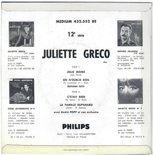 Juliette Gréco : 12e Série (7", EP, Mono)