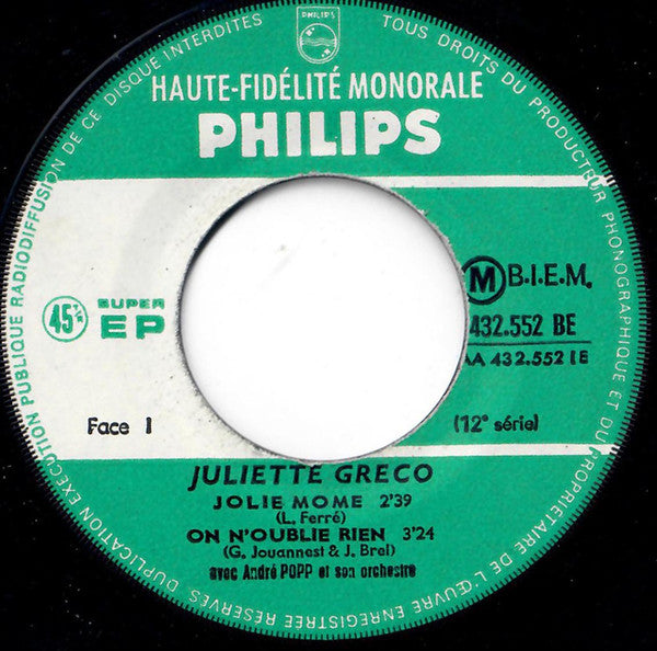 Juliette Gréco : 12e Série (7", EP, Mono)