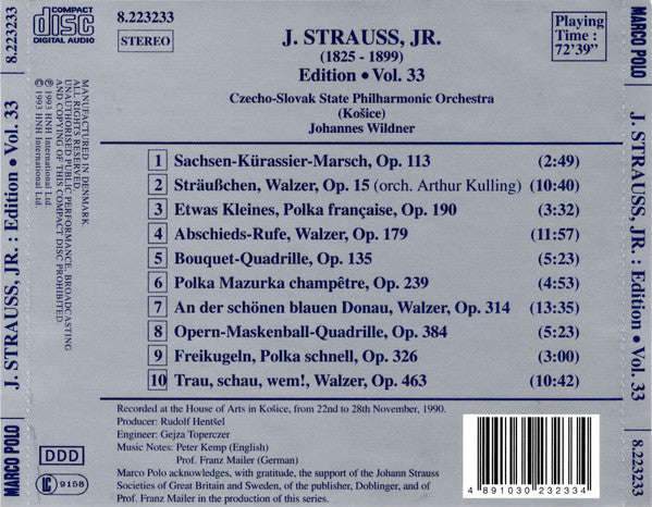 Johann Strauss Jr., Slovak State Philharmonic Orchestra, Košice, Johannes Wildner : J. Strauss, Jr.:  Edition • Vol. 33 (CD, Album)