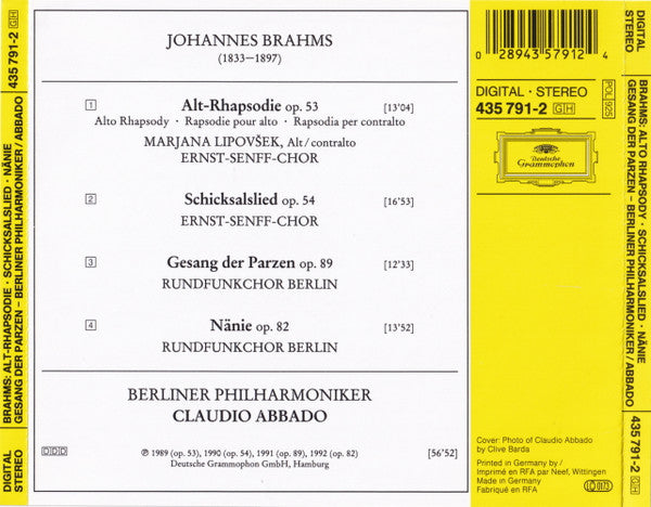 Johannes Brahms, Marjana Lipovšek, Ernst Senff Chor Berlin, Rundfunkchor Berlin, Berliner Philharmoniker • Claudio Abbado : Alt-Rhapsodie ∙ Schicksalslied ∙ Nänie ∙ Gesang Der Parzen (CD, RP)