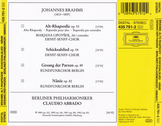 Johannes Brahms, Marjana Lipovšek, Ernst Senff Chor Berlin, Rundfunkchor Berlin, Berliner Philharmoniker • Claudio Abbado : Alt-Rhapsodie ∙ Schicksalslied ∙ Nänie ∙ Gesang Der Parzen (CD, RP)