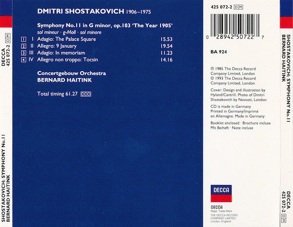Dmitri Shostakovich, Concertgebouworkest, Bernard Haitink : Symphony No.11 (CD, Album, RE)