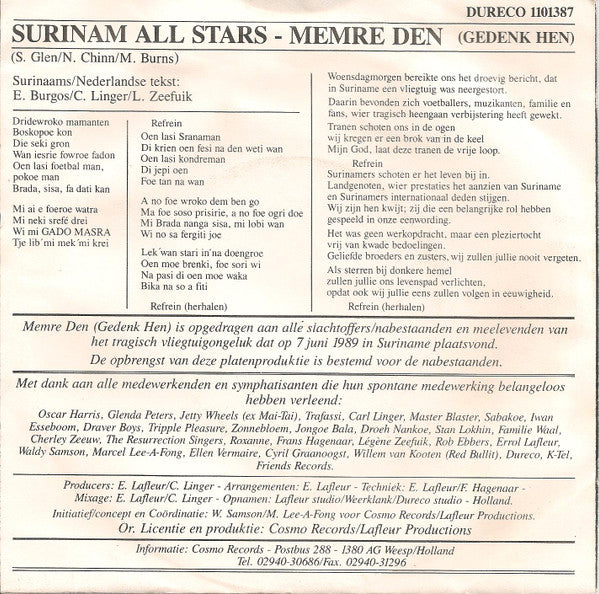 Surinam All Stars : Memre Den (Gedenk Hen) (7", Single)