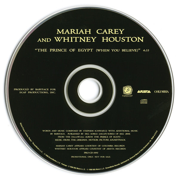 Mariah Carey And Whitney Houston : When You Believe (CD, Single, Promo)