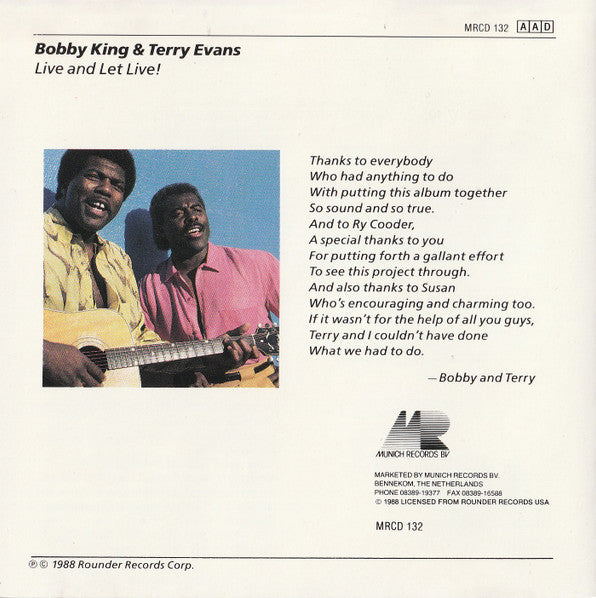 Bobby King & Terry Evans : Live And Let Live! (CD, Album)