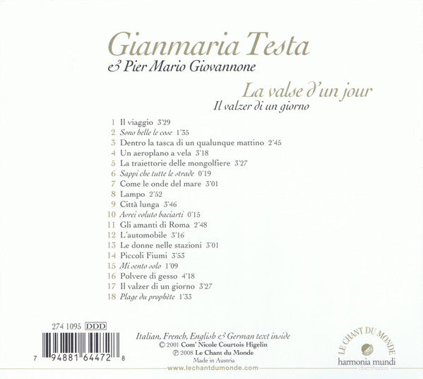 Gianmaria Testa & Pier Mario Giovannone : La Valse D'Un Jour / Il Valzer Di Un Giorno (CD, Album)