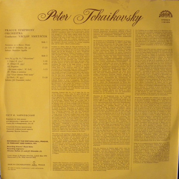 Pyotr Ilyich Tchaikovsky - Stanislav Apolín / The Prague Symphony Orchestra / Václav Smetáček : Variations On A Rococo Theme / Suite No. 4, „Mozartiana“ (LP, Album)