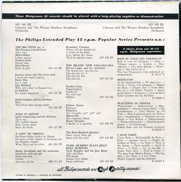 Liberace And The Warner Brothers Symphony Orchestra : Sincerely Yours (7", EP, Mono)