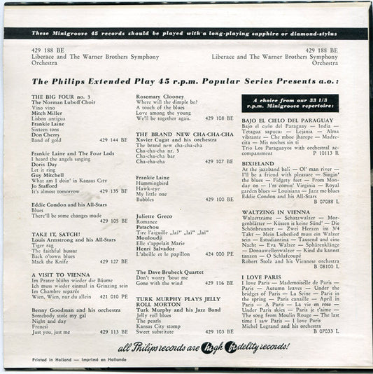 Liberace And The Warner Brothers Symphony Orchestra : Sincerely Yours (7", EP, Mono)