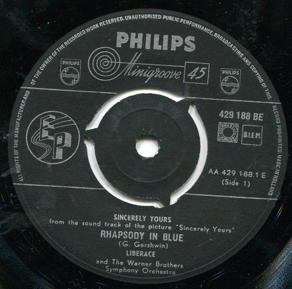 Liberace And The Warner Brothers Symphony Orchestra : Sincerely Yours (7", EP, Mono)