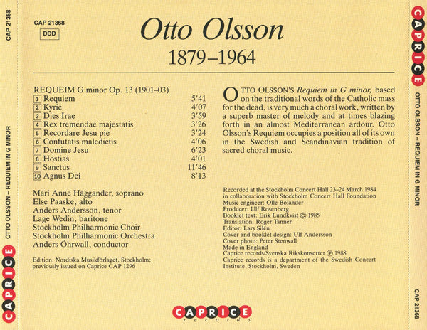 Otto Olsson, MariAnne Häggander, Else Paaske, Anders Andersson (10), Lage Wedin, Stockholms Filharmoniska Kör, Stockholms Filharmoniska Orkester, Anders Öhrwall : Requiem  (CD, Album, RE)