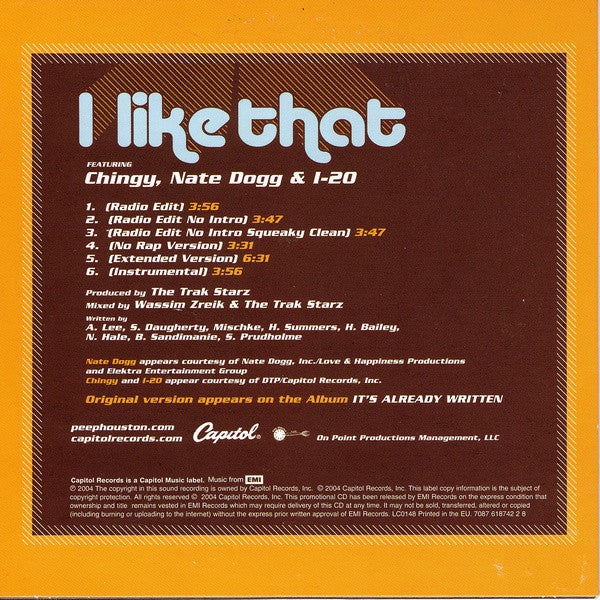 Houston (2) feat. Chingy, Nate Dogg & I-20 : I Like That (CD, Maxi, Promo, Car)
