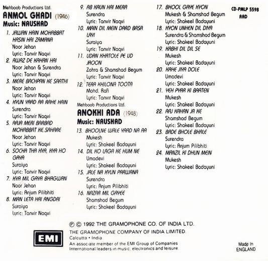 Naushad : Anmol Ghadi / Anokhi Ada (CD, Comp)