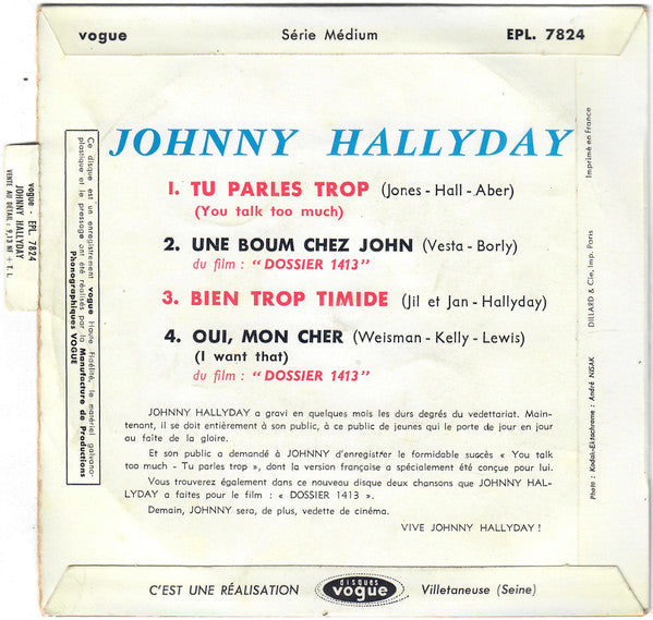 Johnny Hallyday : Tu Parles Trop (You Talk Too Much) (7", EP)