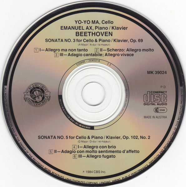 Yo-Yo Ma, Emanuel Ax, Beethoven* : Sonatas Volume 2 (No. 3, Op. 69 / No. 5 Op. 102,  No. 2) (CD, Album, RE)