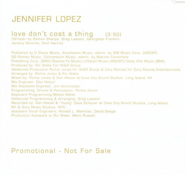 Jennifer Lopez : Love Don't Cost A Thing (CD, Single, Promo)